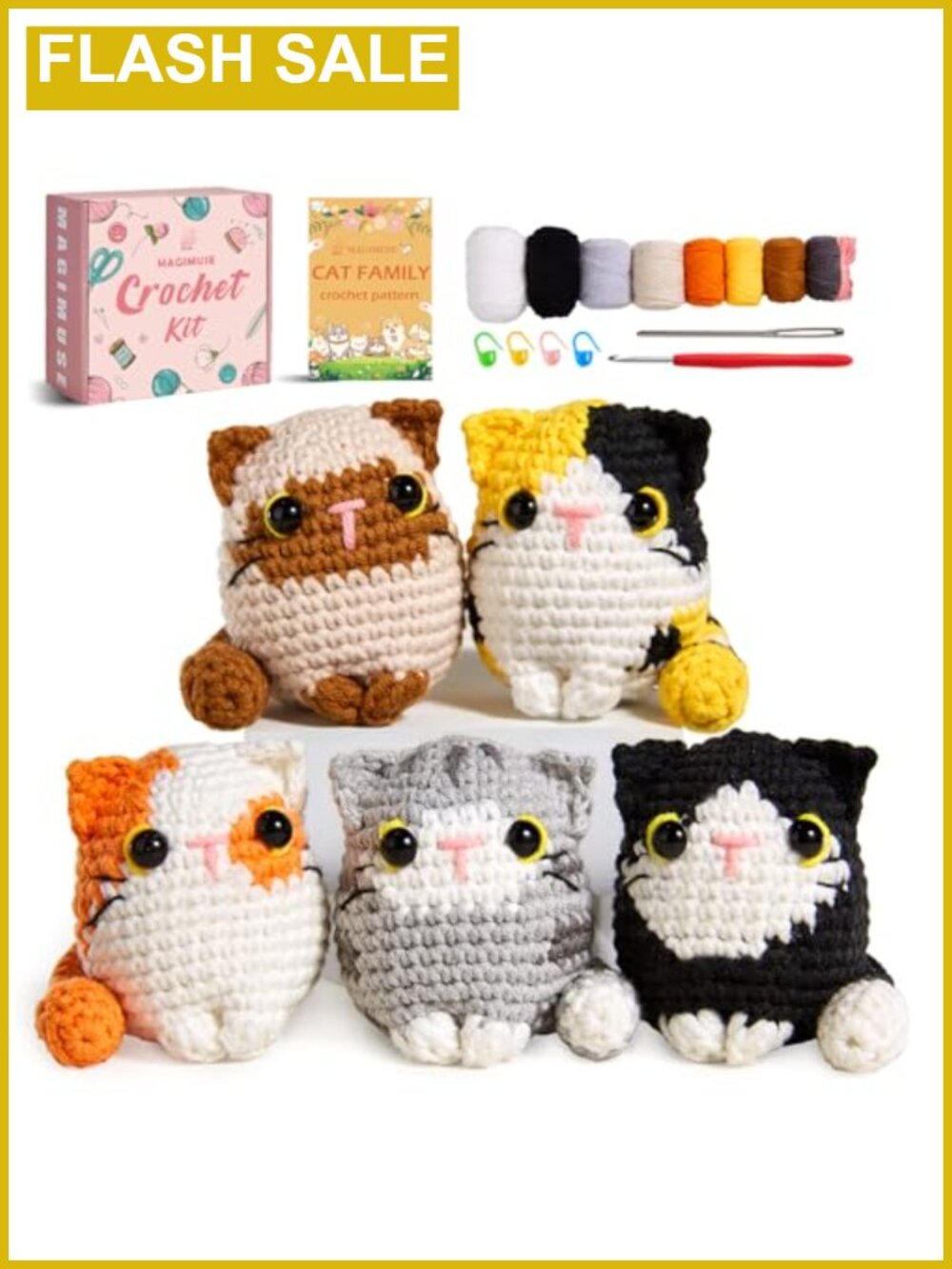Crochet Kit for Beginners 5 Cat Amigurumi All-in-One Craft Kit with Yarn Hooks